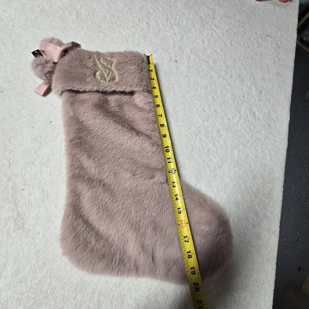 Victoria's Secret‎ Mauve Pink W/ Gold Trim Faux Fur Christmas Stocking New